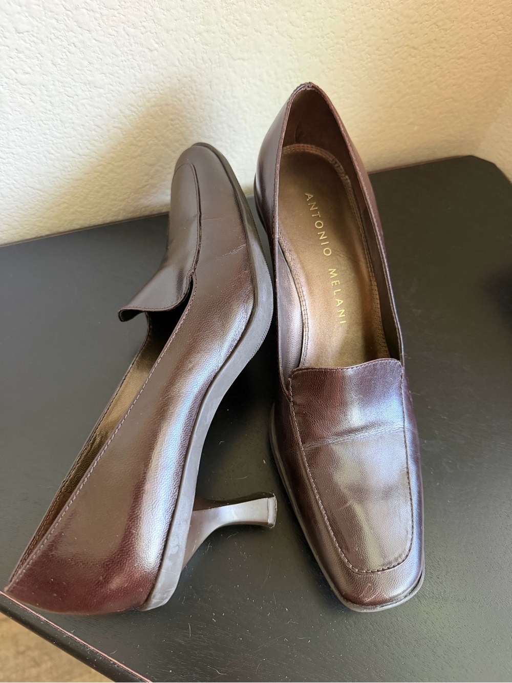 ANTONIO MELANI Dark Brown Leather Heel Loafers Career Professional Wear Kitten